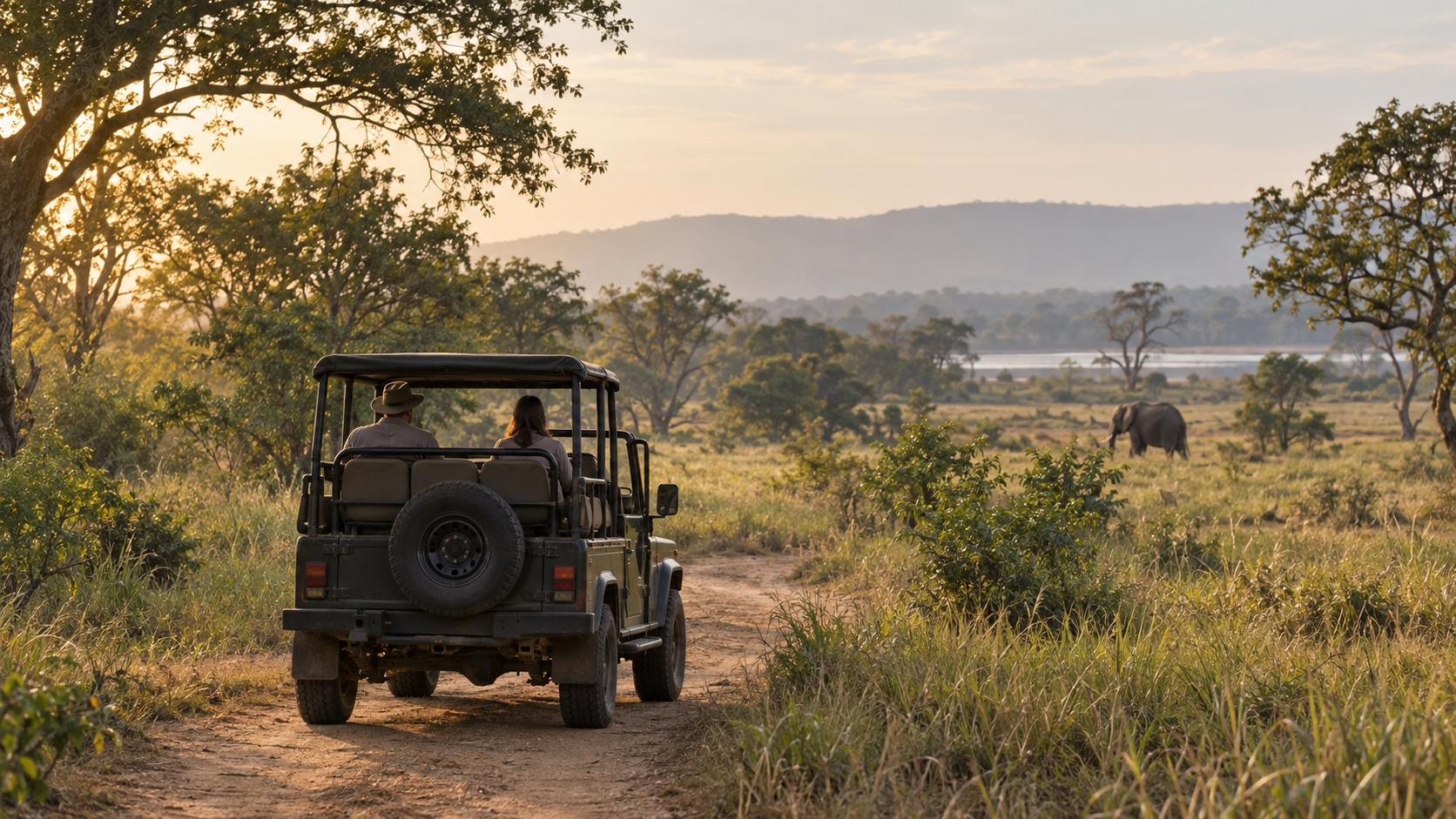 A safari jeep on a Sri Lankan dry-zone track, observing an elephant at a respectful distance
