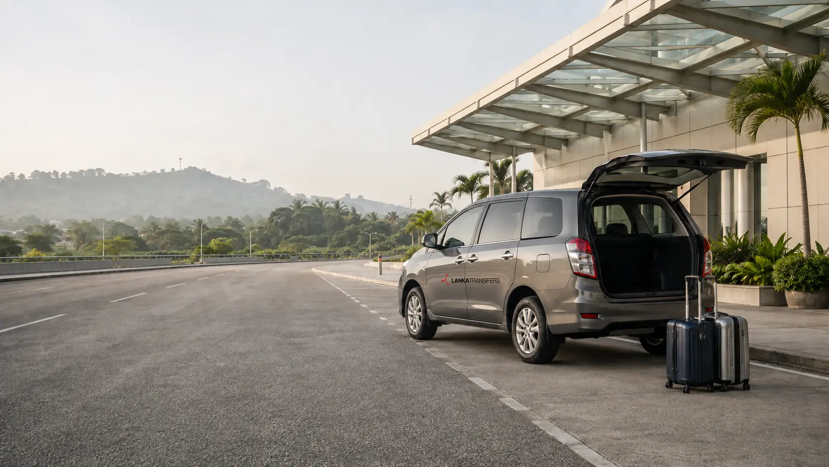 A private transfer vehicle and luggage ready outside a Sri Lankan airport