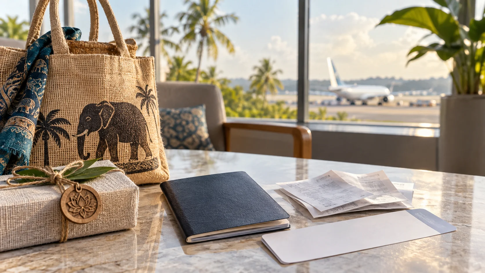 Souvenir bags, shopping receipts and travel documents beside an airport window