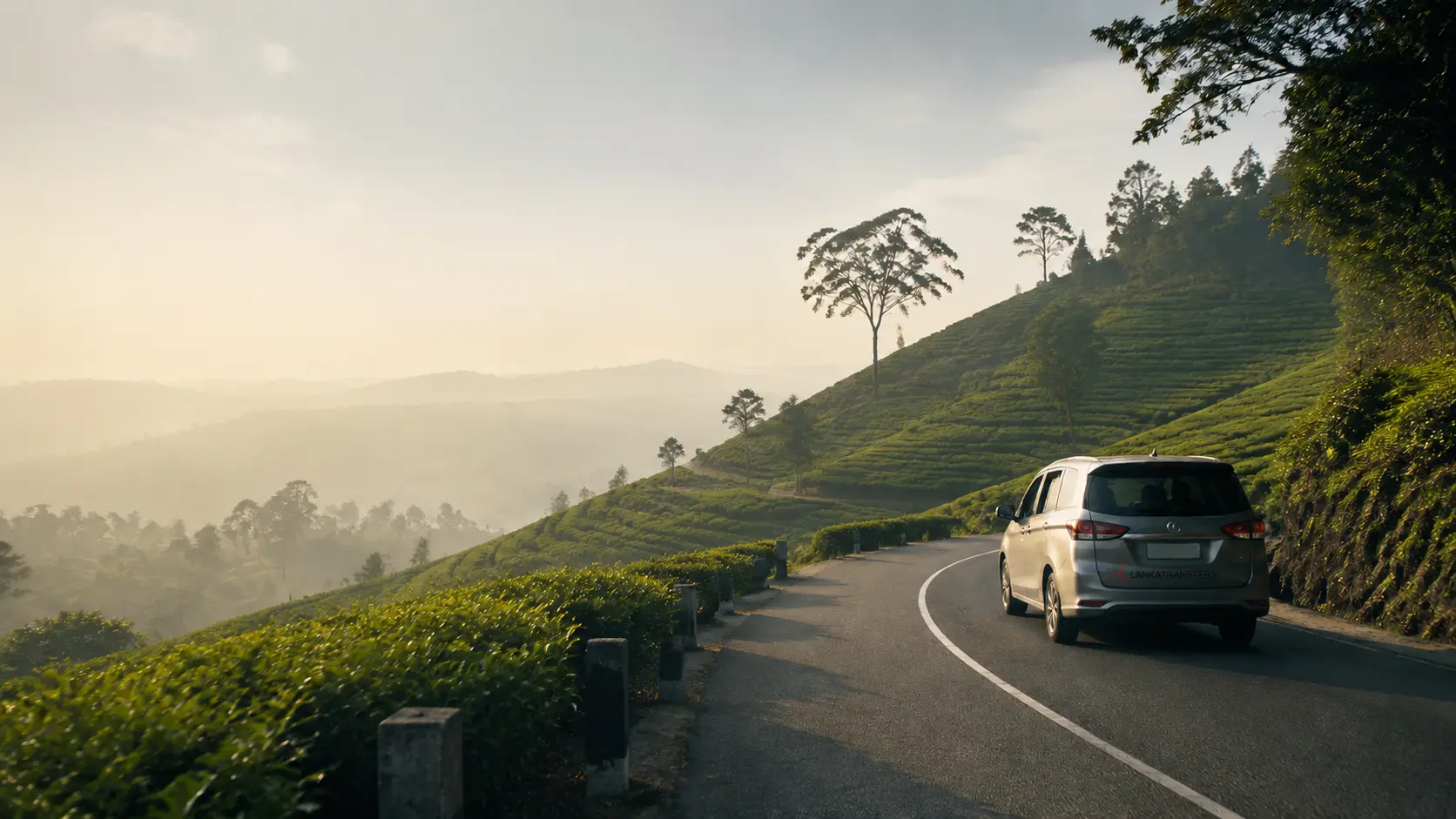 A private passenger vehicle travelling through Sri Lanka's hill country